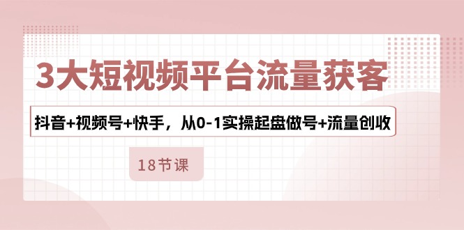 3大短视频平台流量获客，抖音+视频号+快手，从0-1实操起盘做号+流量创收-大白鱼网创