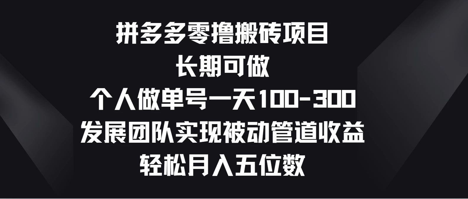 拼多多零撸搬砖项目，长期可做，个人做单号一天100-300，发展团队实现被动管道收益，轻松月入五位数-大白鱼网创